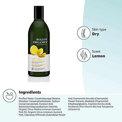 Avalon Organics Bath & Shower Gel, Refreshing Lemon, 12 Oz