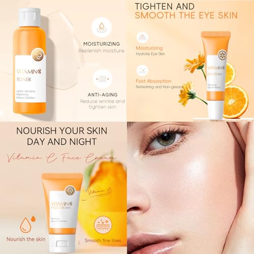 Skincare Set Vitamin C Girls Gifts - Skin Care Set Antioxidant - Hydrating Skin Care Kit for Women with Sunscreen,Toner,Serum,Eye Cream - Skin Care for Teens 10-12 (One Size, 8PCS Vitamin C Scent)