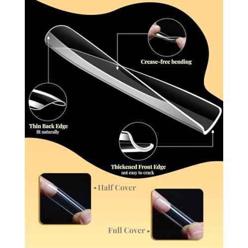 MORGLES Extra Long Tapered Square Nail Tips, 240 Pcs 3XL Full Cover Fake Tips Clear Nail Kit with Glue, Clipper, Files and Cuticle Fork for Acrylic Home DIY with Box