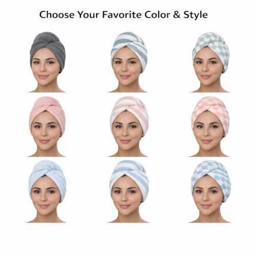 KELVO Microfiber Hair Towel Wrap Pack of 3 - Pink Solid, Stripes & Checkered - Fast Dry, Anti-Frizz, Long & Thick Hair Turban