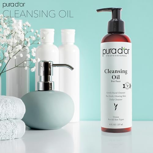 PURA D'OR 8 Oz Facial Cleansing Oil - Nourishing Botanical Blend with & Vitamin, Jojoba and Sunflower Oil - Gentle Makeup Remover & Deep Cleanser For Healthy, Glowing Skin - Paraben-Free Beauty