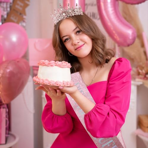 Pink Rhinestone Birthday Crown & Sash Set for Women