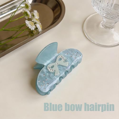 Rhinestone Bow Claw Clip for Thick Hair, Extra Large Blue