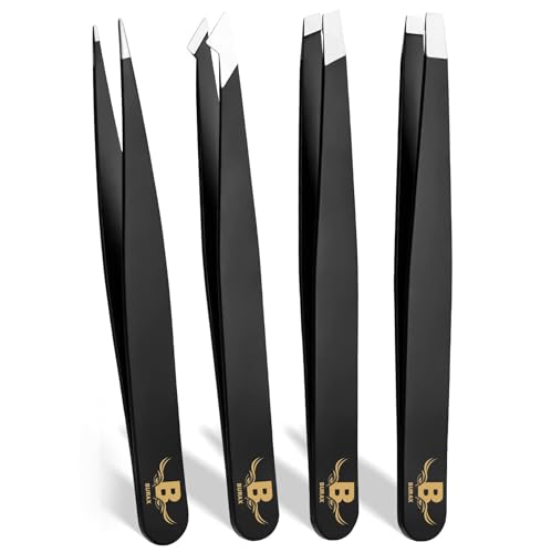 Black 4-Piece Stainless Steel Tweezers Set for Eyebrows & Facial Hair Removal