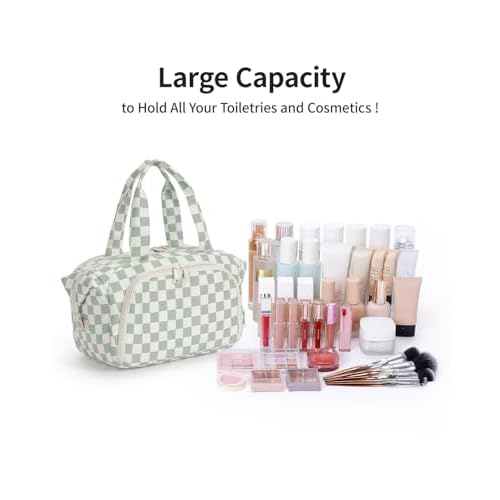 Narwey Travel Toiletry Bag for Women, Checkered Large Makeup Bag, Wide Open Cosmetic Make Up Organizer with Handle, Wet Pocket for Towel, Travel Bag for Toiletries, Brushes, Essentials (Green Checker)