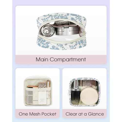 Wandering Nature Clear Makeup Bag for Purse Mini Make up Bag Cute Cosmetic Pouch for Women with Slip-in Pockets Travel Toiletry Essentials Organizer Pouch,Blue Flower