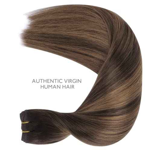 WENNALIFE Sew in Hair Extensions Real Human Hair, Weft Hair Extensions Human Hair 18 Inch 90g Balayage Dark Brown to Chestnut Brown Hand Tied Weft Straight Extensiones De Cabello Hmano