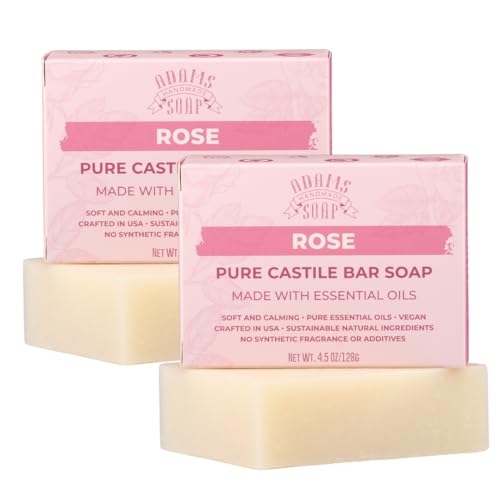 Adams Handmade Soap Rose Pure Castile Bar Soap ? 4.5 oz | Vegan, Cold Process, Essential Oils, 84% Organic, Fair Trade, No Additives, USA Made