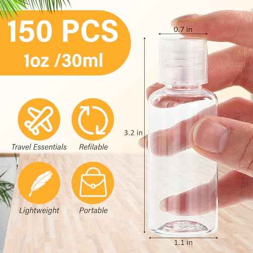 Mimorou 150 Pcs 1oz Travel Bottles Bulk for Toiletries Clear Small Travel Size Bottles Bulk Refillable Empty Containers for Shampoo Lotion Liquid Body Soap Cream Toiletries