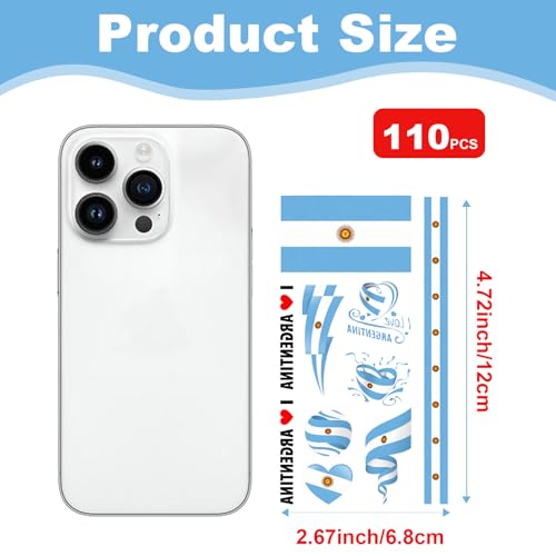 Argentina Flag Temporary Tattoos 110 Pcs Waterproof Face Stickers for Soccer Games & Parties