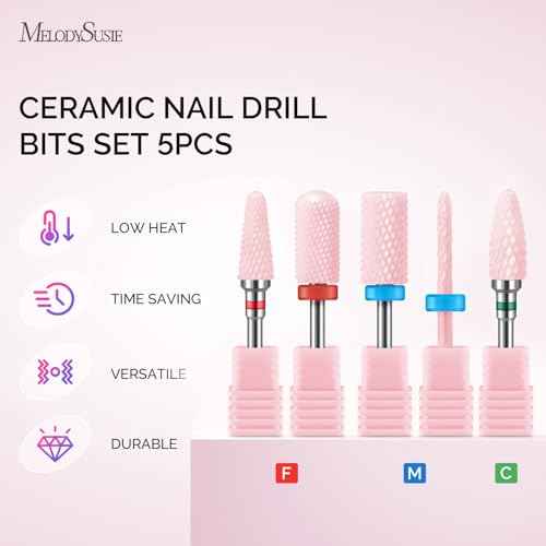 MelodySusie Ceramic Nail Drill Bits Set, 3/32'' (2.35mm) Professional Acrylic Nail File Drill Bit for Manicure Pedicure Cuticle Gel Nail Polishing, 5Pcs, Pink