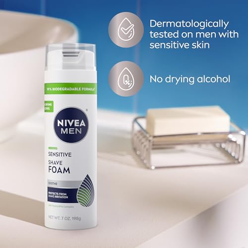 NIVEA MEN Sensitive Shave Foam with Vitamin E, Soothing Chamomile and Witch Hazel Extracts, 6 Pack of 7 Oz Cans