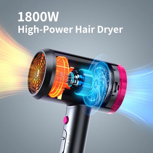 Ionic Hair Dryer 1800W with Diffuser & Nozzle Attachments