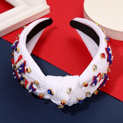 NVENF Hairband, 4th of July Headbands, American Flag Star White Headband Pearl Crystal Rhinestone Knotted Patriotic Accessories Outfits for Women Holiday Gifts