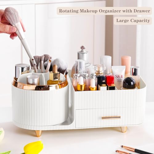 COMFYROOM White Rotating Makeup Organizer with Drawer – Large Vanity Storage