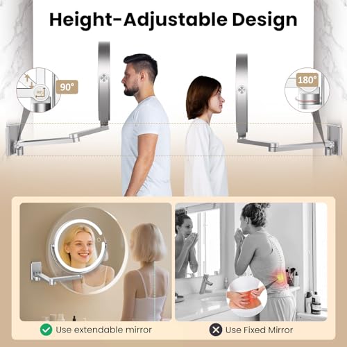 Wall Mounted Makeup Mirror with Lights, 8-inch 20X/1X Magnifying Mirror, Rechargeable LED Vanity Mirror with 3 Color Lights, 360¡Æ Swivel & Extendable Arm