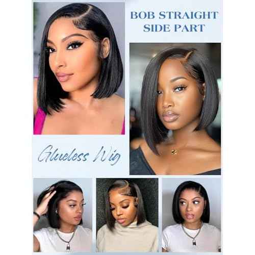 10 Inch Bob Straight Side Part 7x5 Wear and Go Glueless Wigs Human Hair Pre Cut Pre Plucked Bleached HD Lace Front Bob Wig Human Hair 180% Density Short Straight Wigs for Black Women