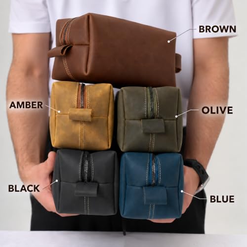Personalized Leather Toiletry Bag for Men - Travel Dopp Kit with Custom Engraving
