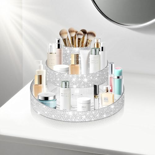 Yivaiks Bling 360 Rotating Makeup Organizer,Shiny Lazy Susan Cosmetic Storage Turntable for Skincare,Perfume & Lipstick,Glitter Round Spinning Tray with Brush Holder for Vanity,Bathroom (10"L x 10"W)