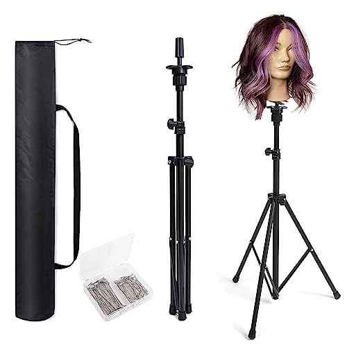 Tall Wig Tripod Stand,Metal Mannequin Head Stand Adjustable for Mannequin Head,Training Canvas Block Head,for Styling,Wig Making Displaywith Carrying Bag,30 Pcs T-Pins(35.4-52.4 Inch)
