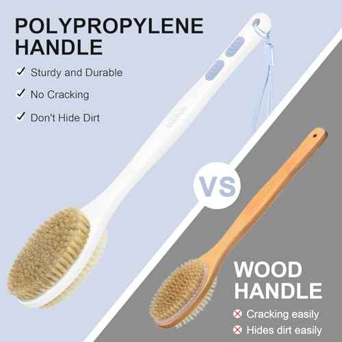 Back Scrubber for Shower with Long Handle, Exfoliating Bath Brush for Body - Double Sided Bristles (Stiff & Soft), Anti-Slip Grip, Lightweight - Gift for Seniors, Includes Lanyard & Hook, Blue