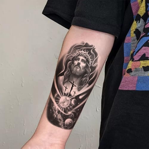 2 Sheets Realistic Animal Temporary Tattoos Stickers Jesus God Cross Space Planet Designs For Men Waterproof Arm Leg Fake Body Art, Gym & Parties Bold Masculine Decals
