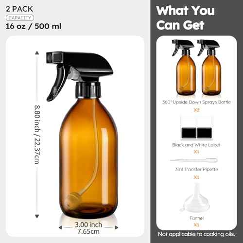 Tecohouse 2 Pack Amber 360¡Æ Glass Spray Bottles, 16 oz Empty Refillable Containers with Adjustable Spray Nozzles, Spray Bottles for Cleaning Solutions and Plants