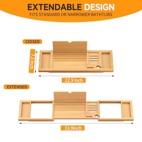 Bamboo Bathtub Caddy Tray with Expandable Sides