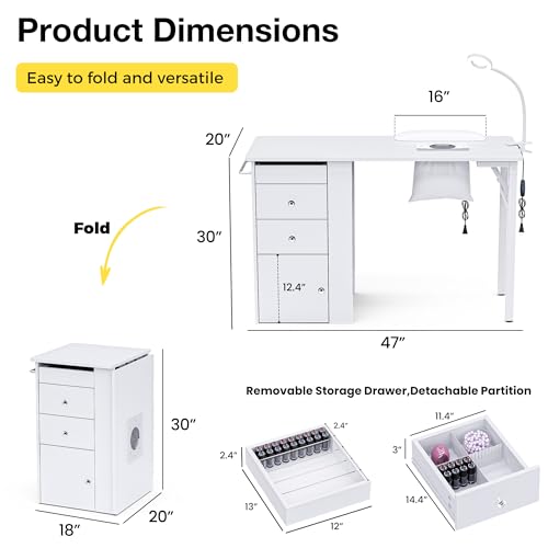 Foldable Manicure Table with Dust Collector & LED Lamp