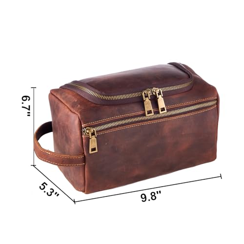 EURYNOME Leather Unisex Toiletry Bag Travel, Genuine Leather Shaving Dopp Kit - Mens Toiletry Bag With Hook -Makeup Cosmetic Organizer Kit - Men Travel Toiletries Bag Groomsmen Gift