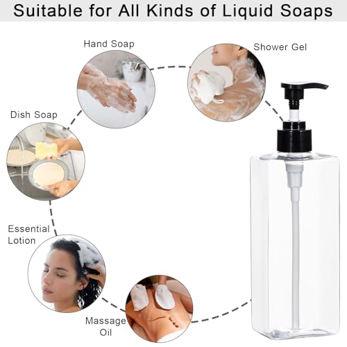 Plastic Shampoo and Conditioner Dispenser, Yeeco Refillable Pump Bottles Blue Shampoo Dispenser 16.9oz/500ml Shampoo Bottles with Pump 3 Packs for Bathroom, Kitchen, Hotel - Clear