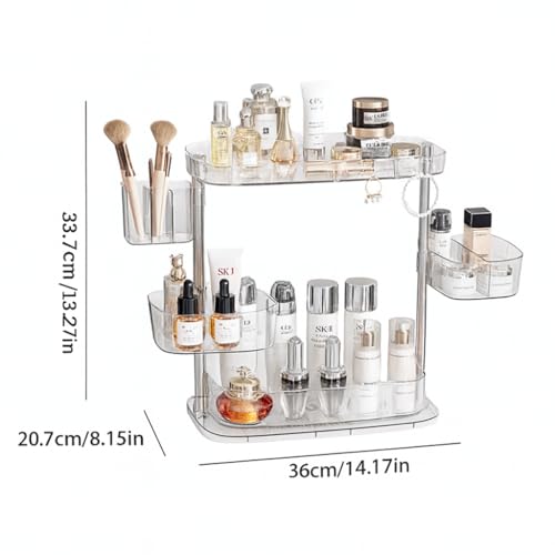 Clear Acrylic Makeup Organizer, Multi-Tier Cosmetic Storage Rack with Side Containers, Large Capacity Skincare Holder for Bathroom Counter, Vanity & Desk