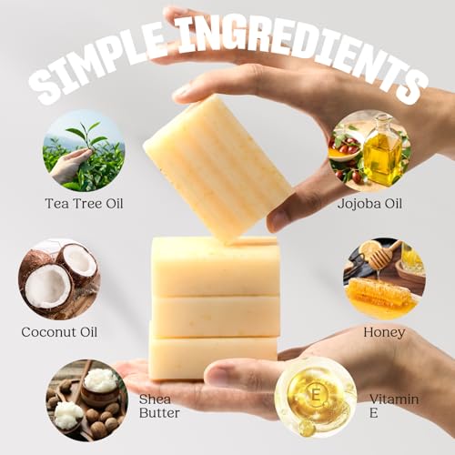 Natural Soap Bar ? Handmade Soap with Foaming Pouch, Face & Body Wash, Moisturizing & Cleansing with Tea Tree & Coconut Oil, Shea Butter, Jojoba & Honey, Gift for Men & Women, 4 Pack 16.8 Oz