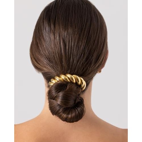 PAVOI 14K Yellow Gold Plated Waterproof Chunky Croissant Metal Hair Cuff for Women - Stainless Steel Statement Ponytail Cuff - 20mm Twisted Stretchy Gold Hair Ties for Ponytails Fashion Accessories
