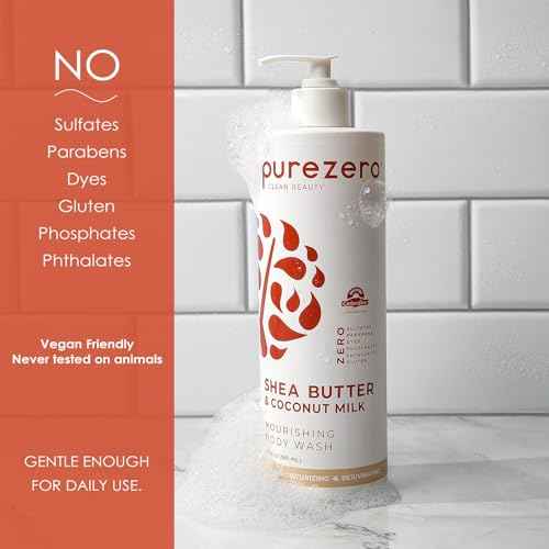 Purezero Shea Butter & Coconut Milk Body Wash - 20oz Leaves Skin Hydrated and Fresh, Maintain Elasticity and Smoothness, Zero Sulfates, Zero Parabens