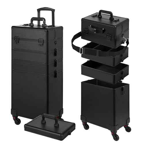 Rolling Makeup Case, Makeup Train Case with Lid, 5 in 1 Cosmetology Case on Wheels, Christmas Gift, Large Makeup Organizers, Profesional Cosmetic Case for Salon Barber, Black