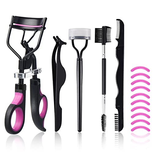Eyelash Curler Kit with 10 Refill Pads, Tweezers & Eyebrow Brush