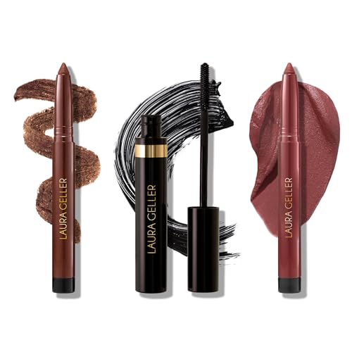 LAURA GELLER NEW YORK Kajal Collection Trio - Includes Multi-Use Eyeshadow + Liner Stick, Dark Brown + Volumizing Tubing Mascara + Longwearing Lip Color Pencil, Mulberry