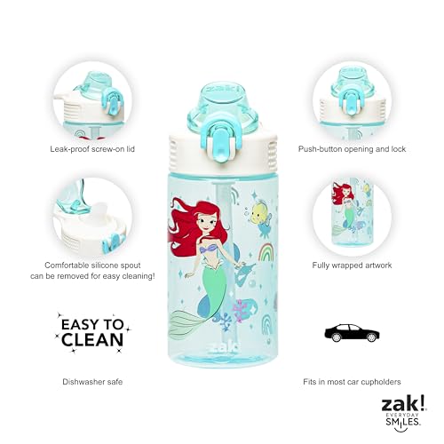 Zak Designs Sage Disney Princess Kids Water Bottle For School or Travel, 16oz Durable Plastic Water Bottle With Straw, Handle, and Leak-Proof, Pop-Up Spout Cover (Ariel & Jasmine)