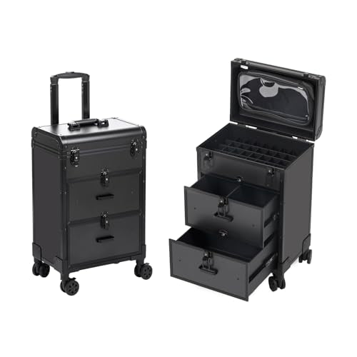 Rolling Makeup Case with Drawers & Nail Polish Organizer