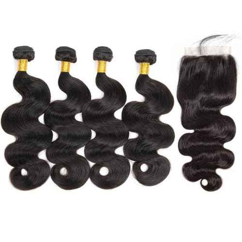 ???????????????? 4 Bundles with Closure Human Hair 10A 100% Unprocessed Brazilian Virgin Human Hair Body Wave Bundles with 4x4 Lace Closure (10 10 10 10+10 Inch)