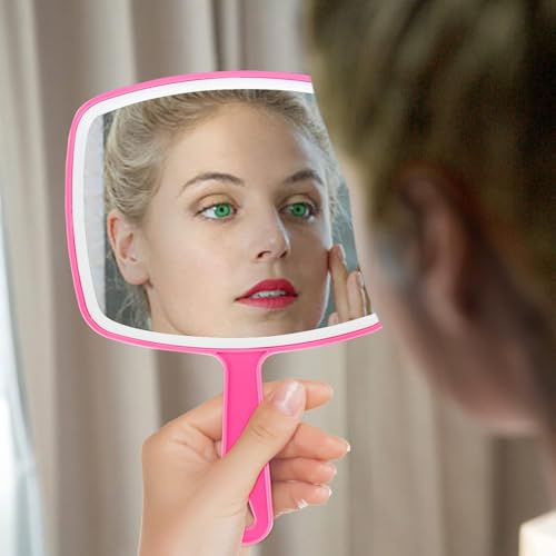Pink 2Pcs Handheld Mirrors with Hanging Hole, 10.4" x 7.4" Portable Beauty