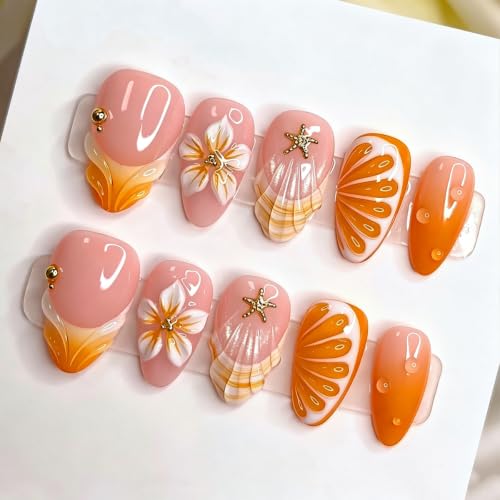 UZJXQ Medium Orange Ombre 3D Shell Gold Fake Nails - Style-3 Short, 24Pcs