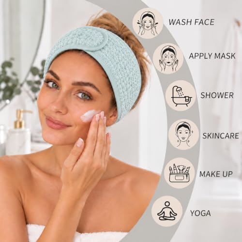 Huachi 4-Pack Adjustable Spa Headbands for Women, Soft Water-Absorbing Coral Fleece, Peach, Beige, Light Gray, Light Green