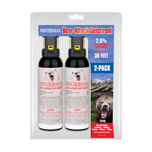 SABRE Frontiersman 7.9 fl oz. Bear Spray, Maximum Strength 2.0% Major Capsaicinoids, Powerful 30 ft. Range Bear Deterrent, Outdoor Camping & Hiking Protection, Quick Draw Holster & Multipack Options