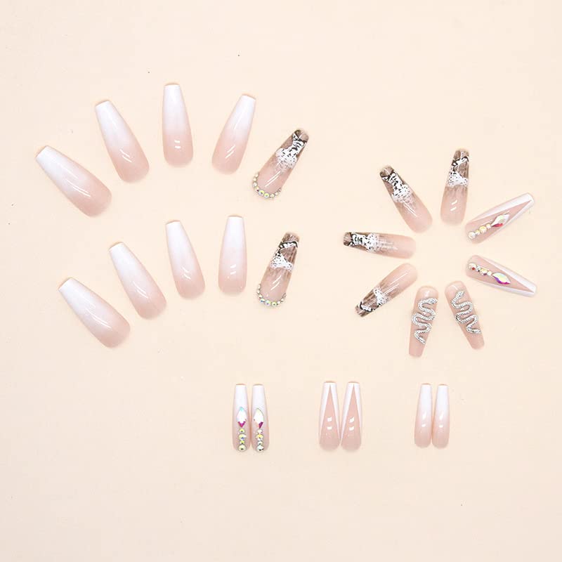 DOUBNINE 24PCS Press On False Coffin Extra Long Snake Sequins Rhinestones French Tip Glitter Glossy Nails Fake Nails with Glue Stick on Nails Acrylic Full Cover Chic False Nails for Women