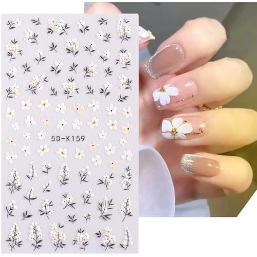 5D Embossed Flower Nail Stickers Set - 4 Sheets Floral Decals & Tweezers