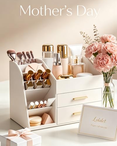 Lolalet PU Leather Makeup Organizer with Drawers - 3-Layer Cosmetic Holder for Vanity