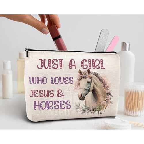 KDQUA Horse Lovers Makeup Bag, Just a Girl Who Loves Horses, Funny Cowgirl Equestrian Gifts - Linen Cosmetic Bag Zipper Pouch Travel Toiletry Bag