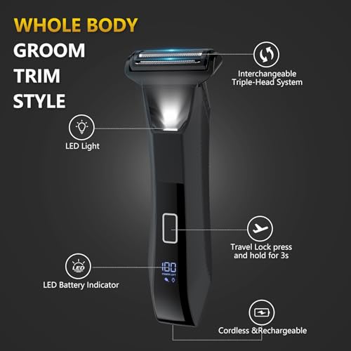 Manscape 3-in-1 Body Trimmer for Men, Groin, Pubic & Ball Hair Shaver No-Nick, Nose Hair Trimmer, Body Groomer for Smooth Shaving, Lightweight with Travel Lock, LED Display, IPX7 Waterproof